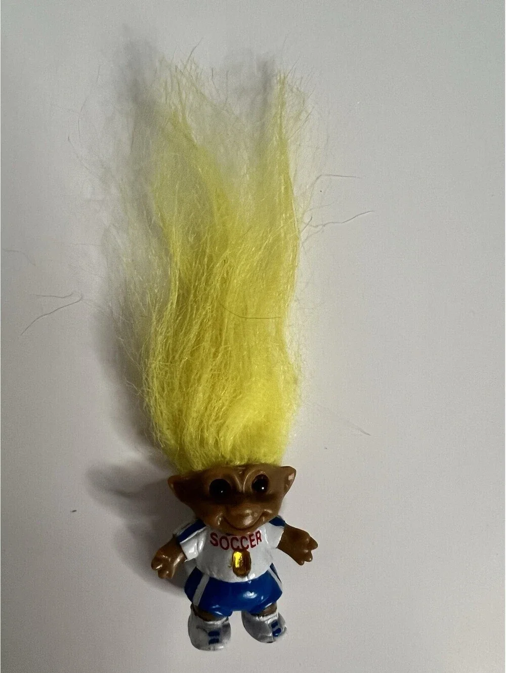 Vtg 1992 Ace Yellow Hair White & Blue Soccer Uniform Mini Troll Doll 1.5